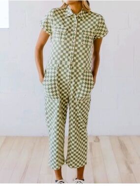 Roolee Sage Green Checkerboard Short-Sleeve Jumpsuit